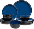 Unbreakable Melamine Dinnerware Set for 4, 12 Pcs Black & Blue Outdoor Dishes