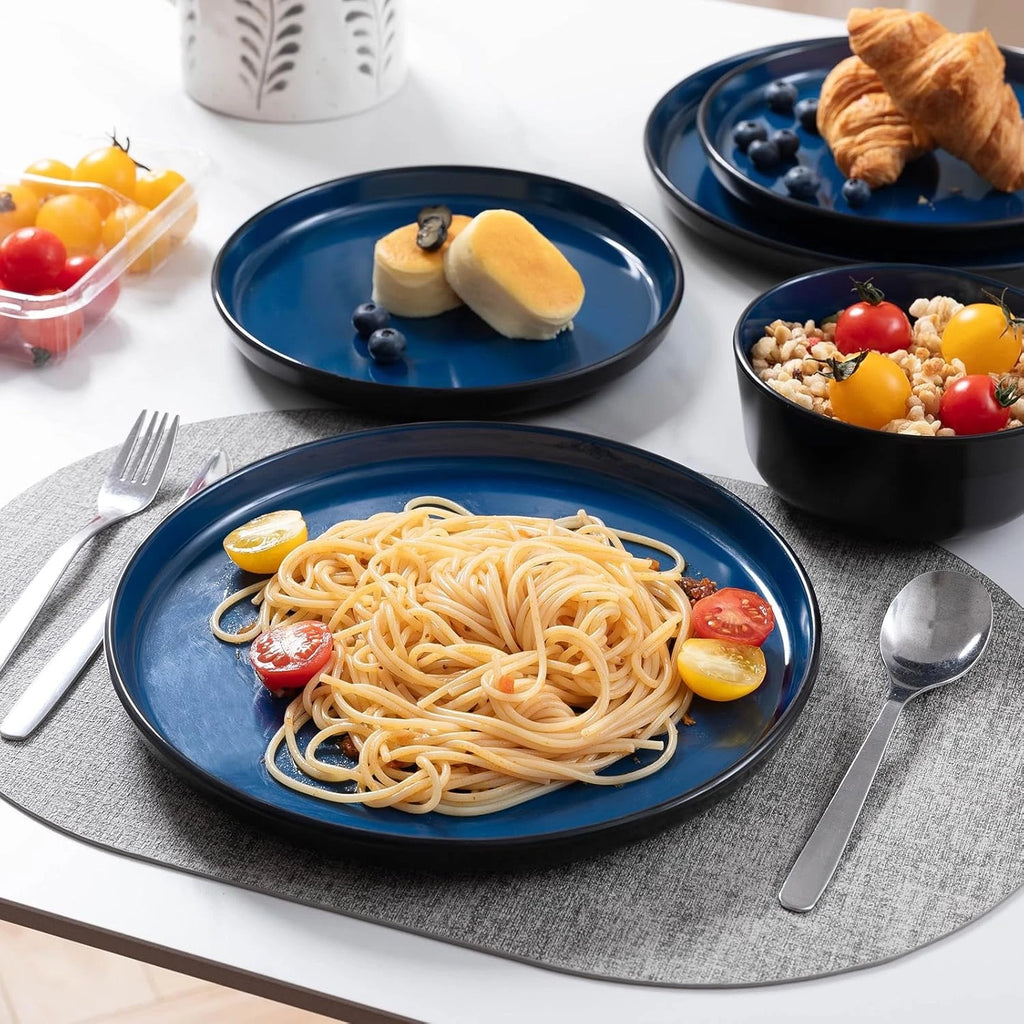 Unbreakable Melamine Dinnerware Set for 4, 12 Pcs Black & Blue Outdoor Dishes