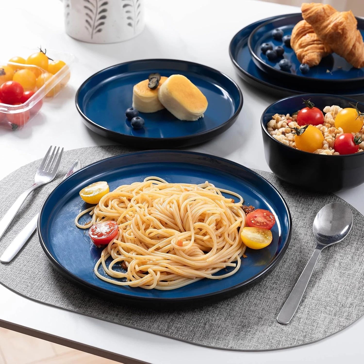Unbreakable Melamine Dinnerware Set for 4, 12 Pcs Black & Blue Outdoor Dishes